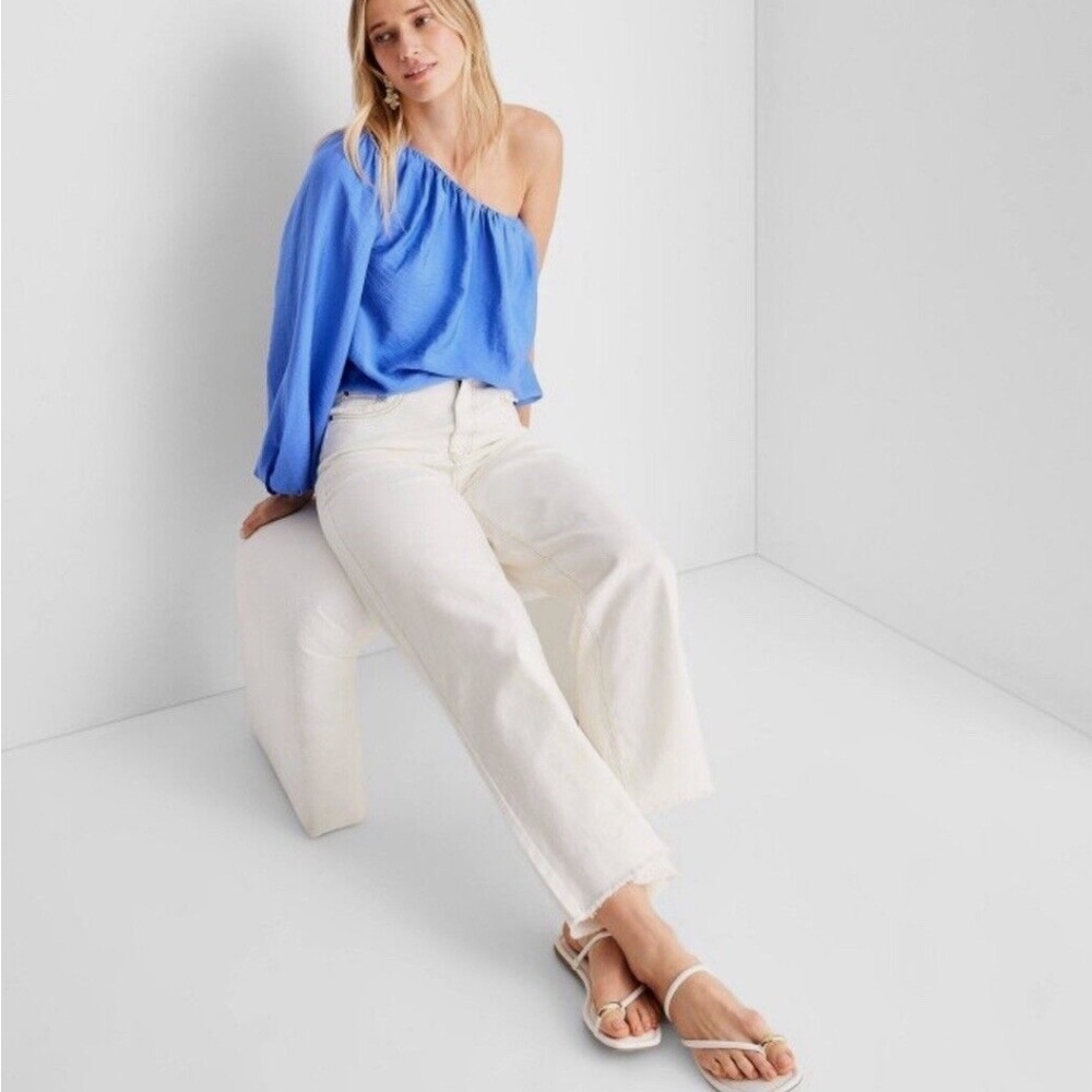 Future Collective Balloon Sleeve Asymmetrical One Shoulder Top, Blue, Size 1X